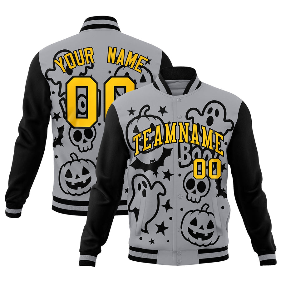 Custom Gray Black Gold Bats Pumpkins Ghost Patterns Halloween Letterman Jacket | BuyFootballJersey