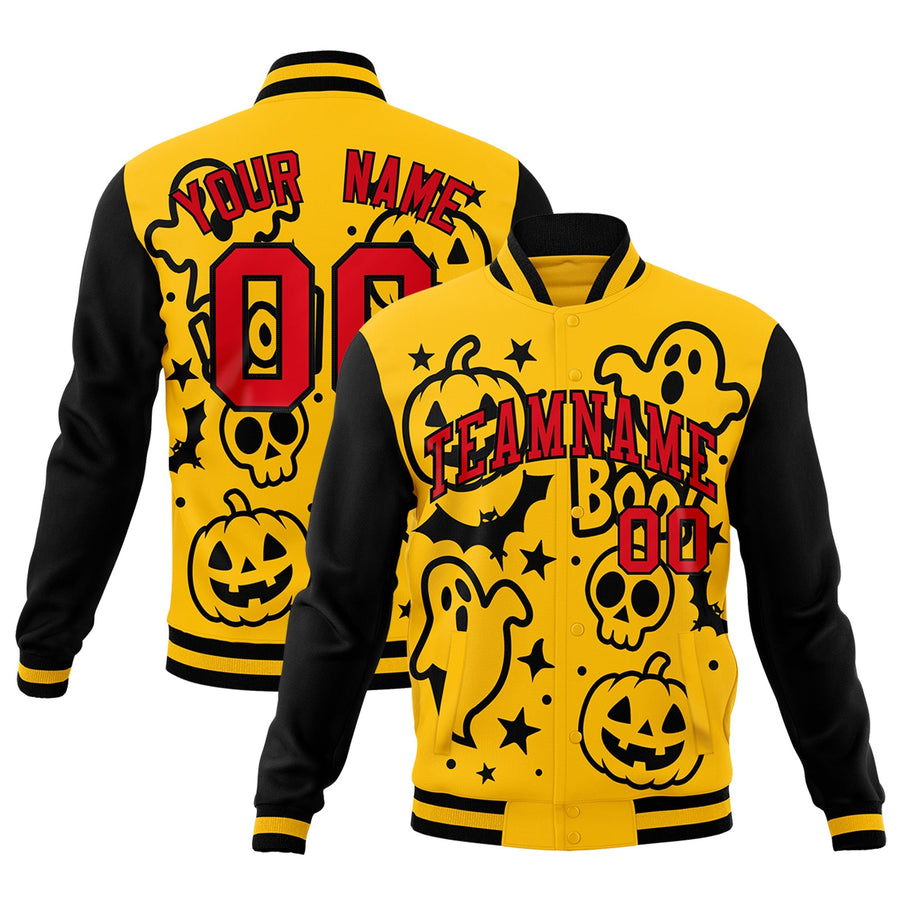 Custom Gold Black Red Bats Pumpkins Ghost Patterns Halloween Letterman Jacket | BuyFootballJersey