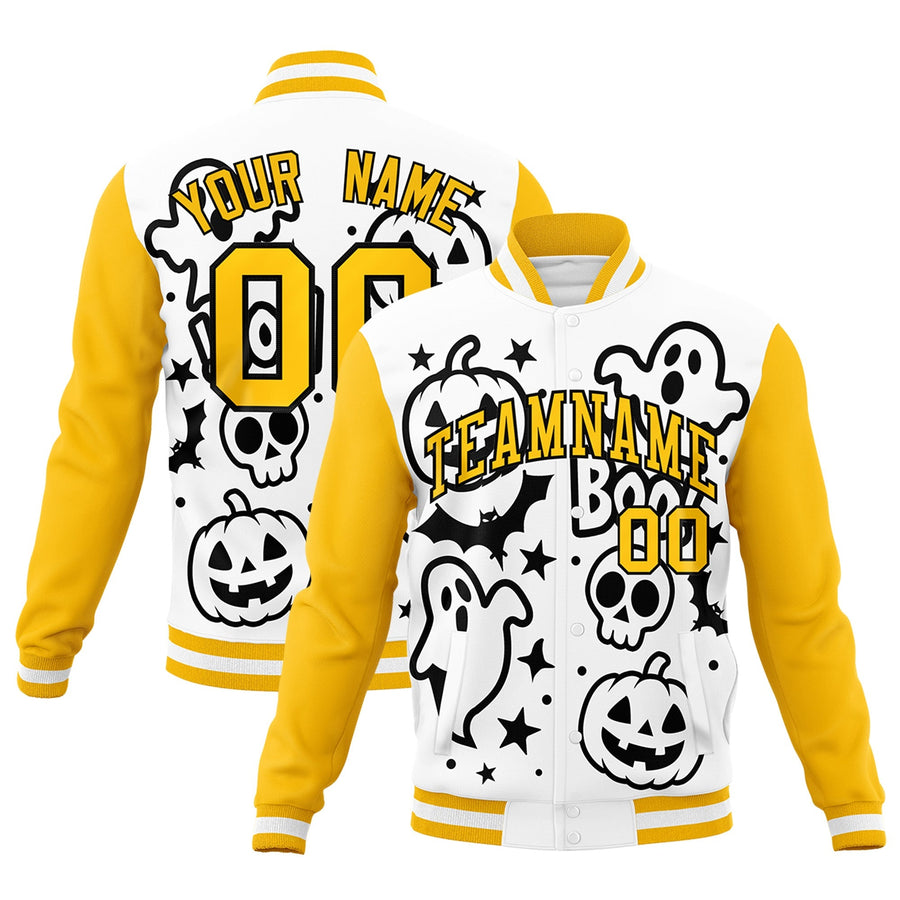 Custom White Black Gold Bats Pumpkins Ghost Patterns Halloween Letterman Jacket | BuyFootballJersey