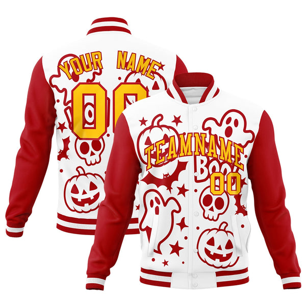 Custom White Red Gold Bats Pumpkins Ghost Patterns Halloween Letterman Jacket | BuyFootballJersey