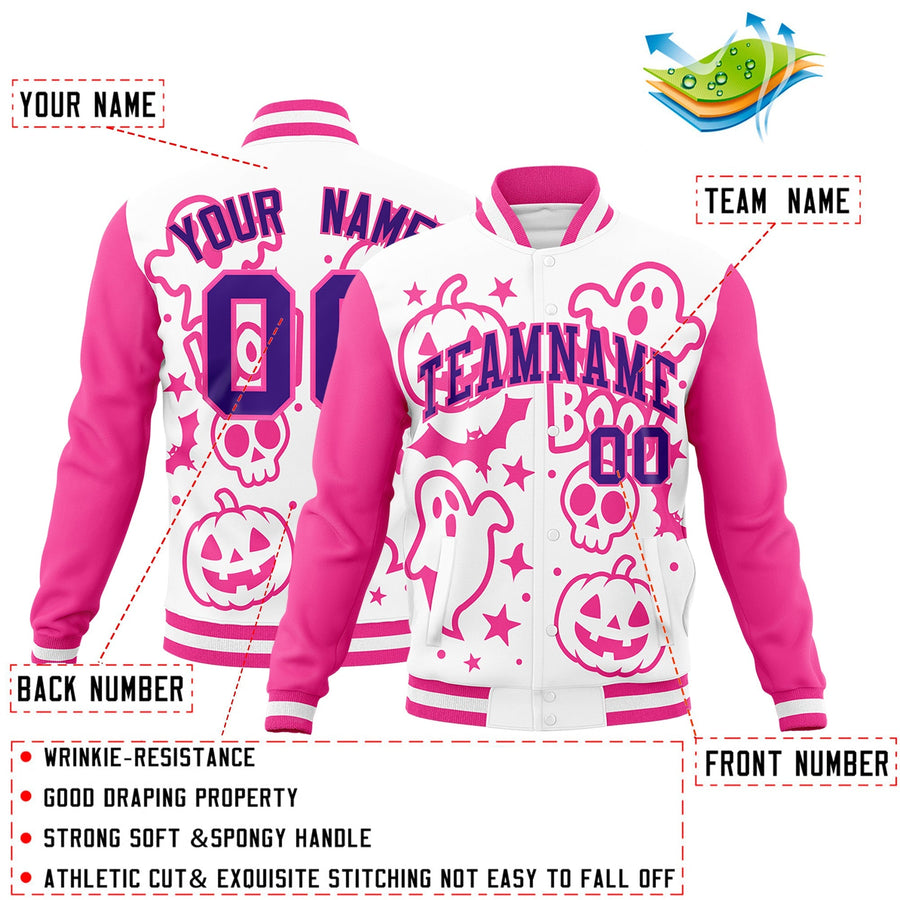 Custom White Pink Purple Bats Pumpkins Ghost Patterns Halloween Letterman Jacket | BuyFootballJersey