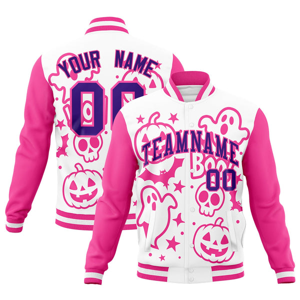 Custom White Pink Purple Bats Pumpkins Ghost Patterns Halloween Letterman Jacket | BuyFootballJersey