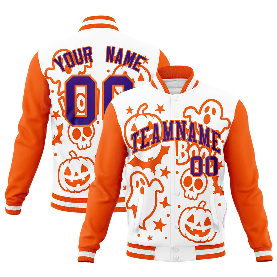 Custom White Orange Purple Bats Pumpkins Ghost Patterns Halloween Letterman Jacket | BuyFootballJersey