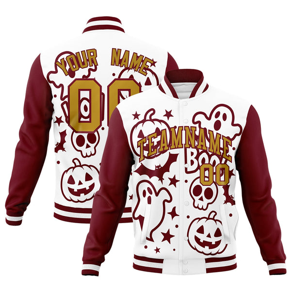Custom White Crimson Old Gold Bats Pumpkins Ghost Patterns Halloween Letterman Jacket | BuyFootballJersey