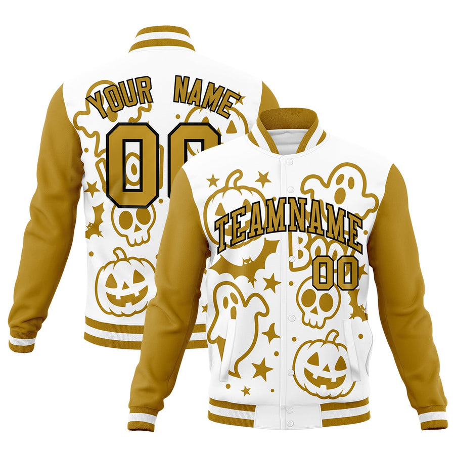Custom White Old Gold Black Bats Pumpkins Ghost Patterns Halloween Letterman Jacket | BuyFootballJersey