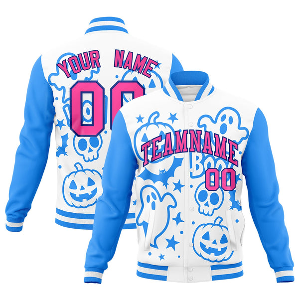 Custom White Powder Blue Pink Bats Pumpkins Ghost Patterns Halloween Letterman Jacket | BuyFootballJersey