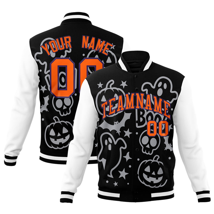 Custom Navy White Orange Bats Pumpkins Ghost Patterns Halloween Letterman Jacket | BuyFootballJersey