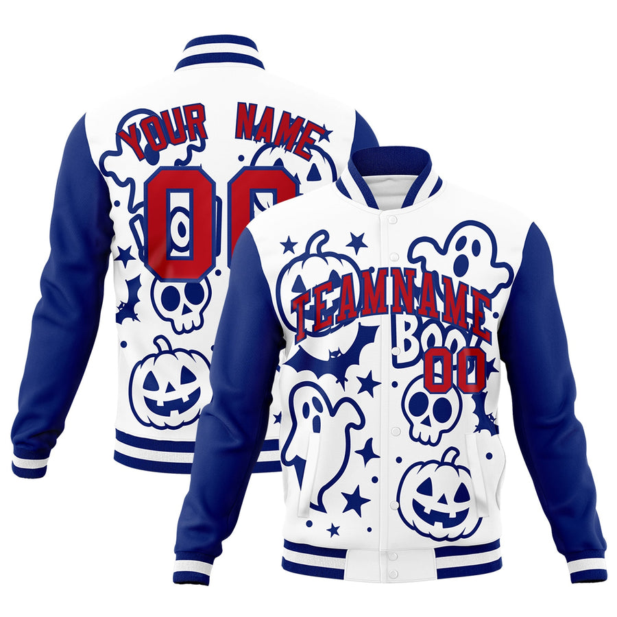 Custom Royal Blue White Red Bats Pumpkins Ghost Patterns Halloween Letterman Jacket | BuyFootballJersey