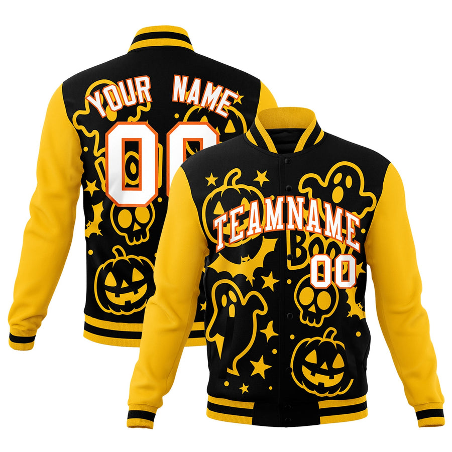 Custom Gold Black White Bats Pumpkins Ghost Patterns Halloween Letterman Jacket | BuyFootballJersey