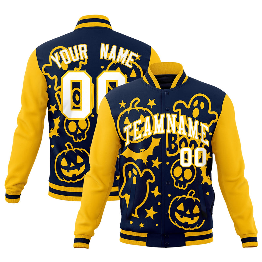 Custom Gold Navy White Bats Pumpkins Ghost Patterns Halloween Letterman Jacket | BuyFootballJersey