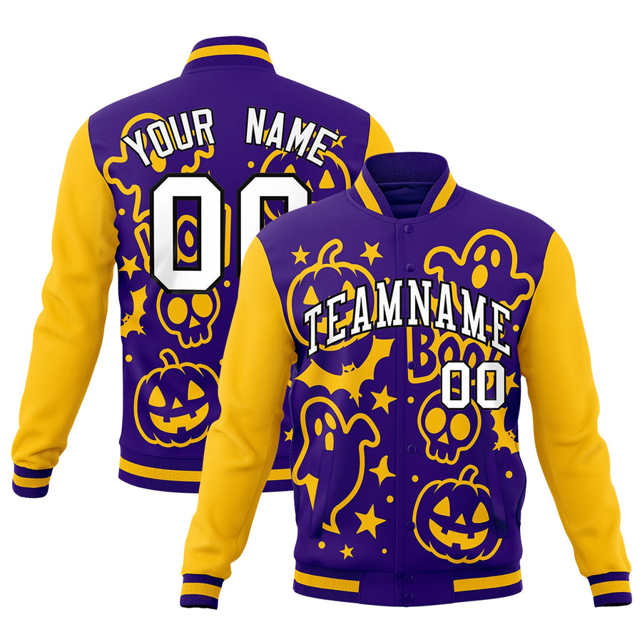 Custom Purple Gold White Bats Pumpkins Ghost Patterns Halloween Letterman Jacket | BuyFootballJersey