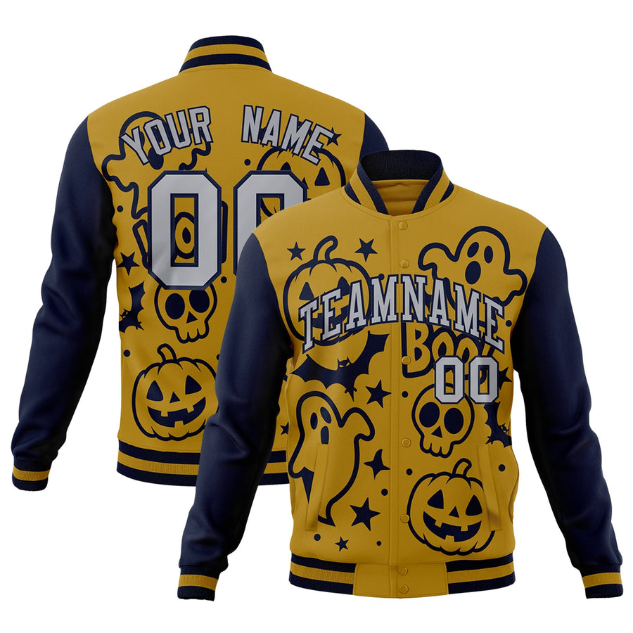 Custom Navy Old Gold Gray Bats Pumpkins Ghost Patterns Halloween Letterman Jacket | BuyFootballJersey