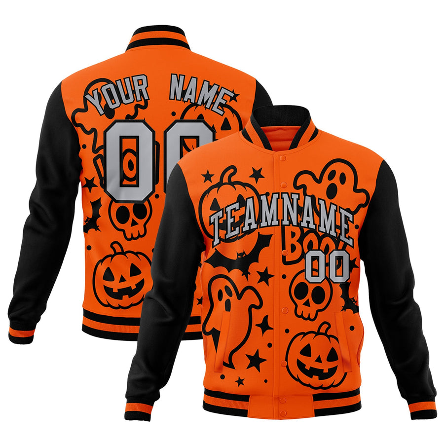 Custom Black Orange Gray Bats Pumpkins Ghost Patterns Halloween Letterman Jacket | BuyFootballJersey