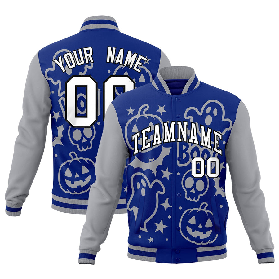 Custom Gray Royal Blue White Bats Pumpkins Ghost Patterns Halloween Letterman Jacket | BuyFootballJersey