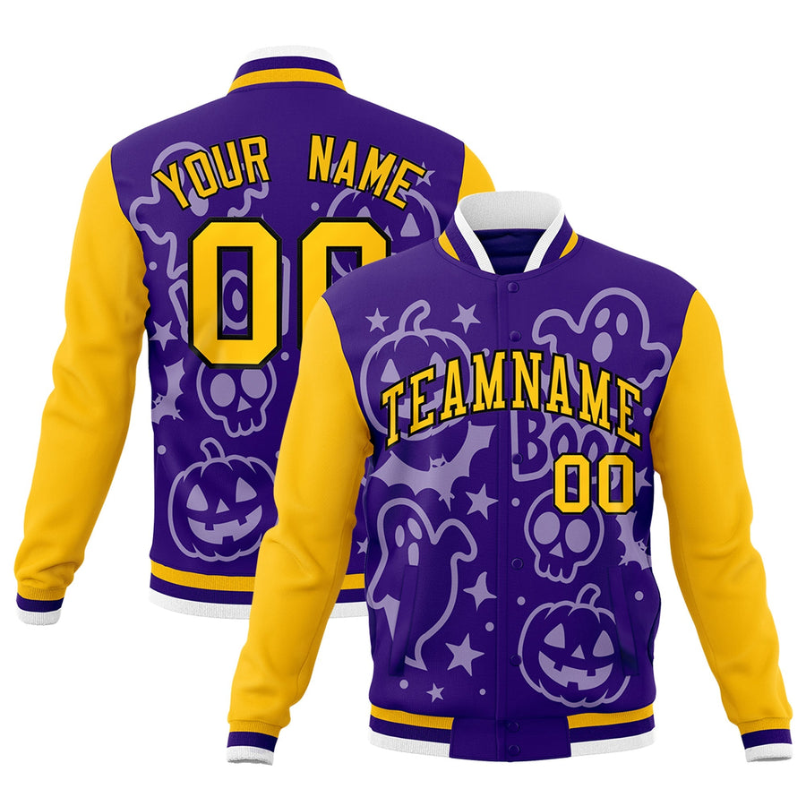 Custom Yellow Purple Gold Bats Pumpkins Ghost Patterns Halloween Letterman Jacket | BuyFootballJersey