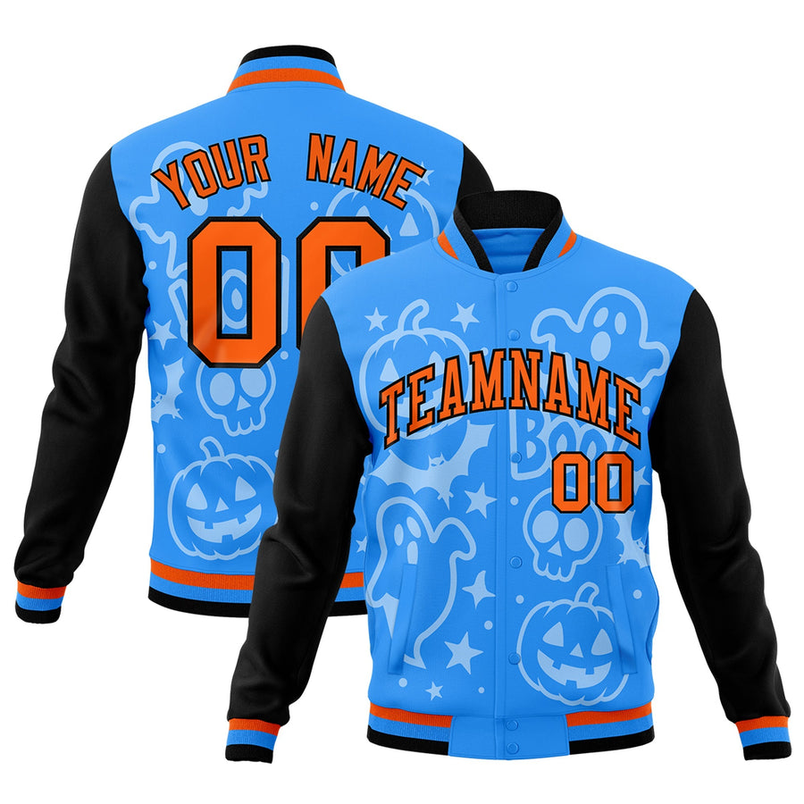 Custom Orange Powder Blue Black Bats Pumpkins Ghost Patterns Halloween Letterman Jacket | BuyFootballJersey