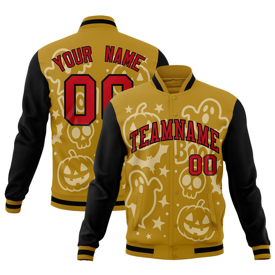Custom Old Gold Black Red Bats Pumpkins Ghost Patterns Halloween Letterman Jacket | BuyFootballJersey