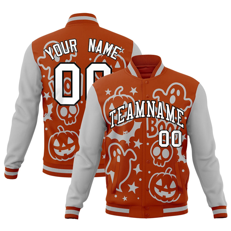Custom Dark Orange Gray White Bats Pumpkins Ghost Patterns Halloween Letterman Jacket | BuyFootballJersey