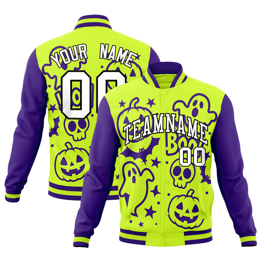 Custom Purple Neon Green White Bats Pumpkins Ghost Patterns Halloween Letterman Jacket | BuyFootballJersey