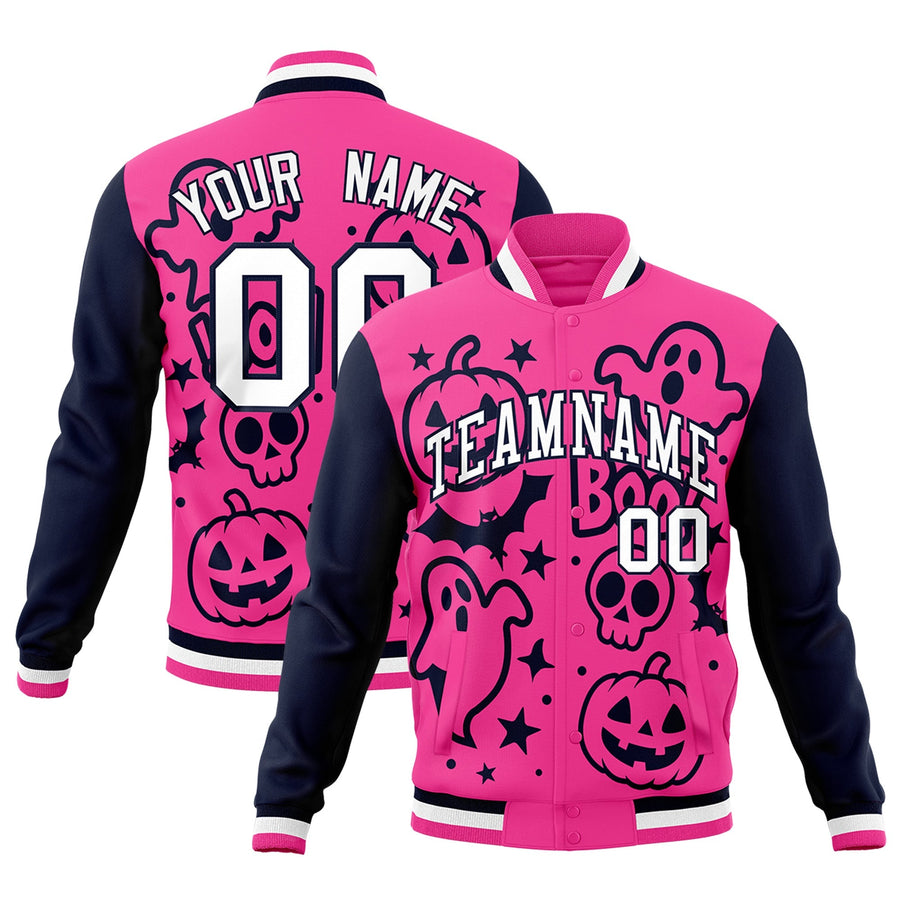 Custom Navy Pink White Bats Pumpkins Ghost Patterns Halloween Letterman Jacket | BuyFootballJersey