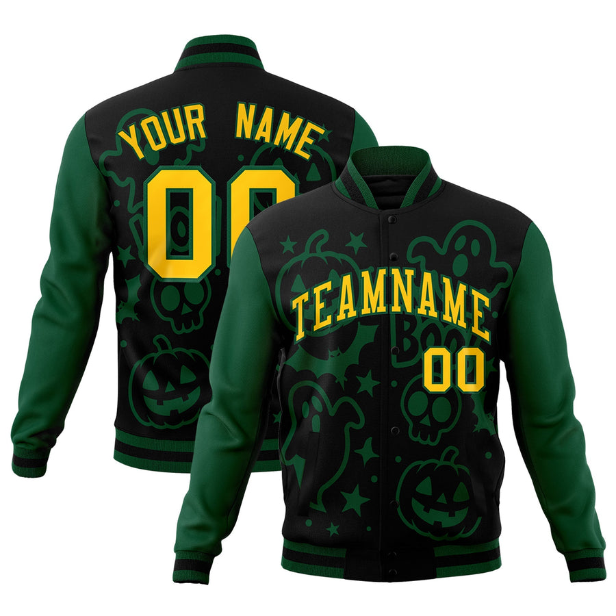 Custom Green Black Gold Bats Pumpkins Ghost Patterns Halloween Letterman Jacket | BuyFootballJersey