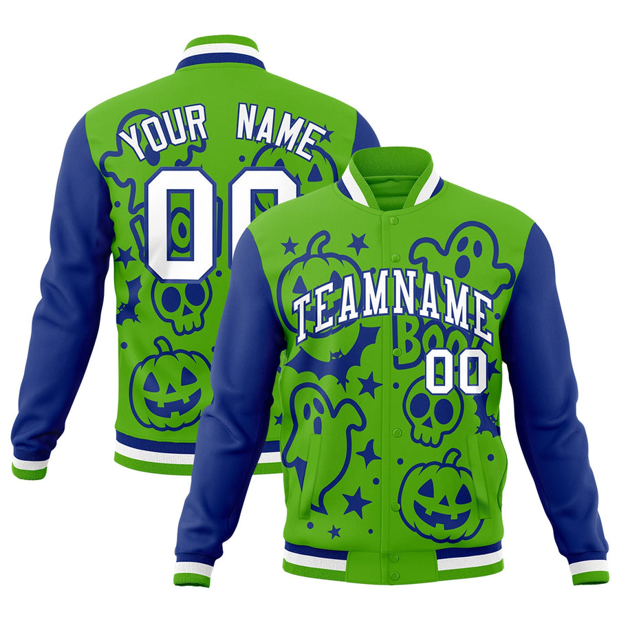 Custom Green Royal Blue White Bats Pumpkins Ghost Patterns Halloween Letterman Jacket | BuyFootballJersey