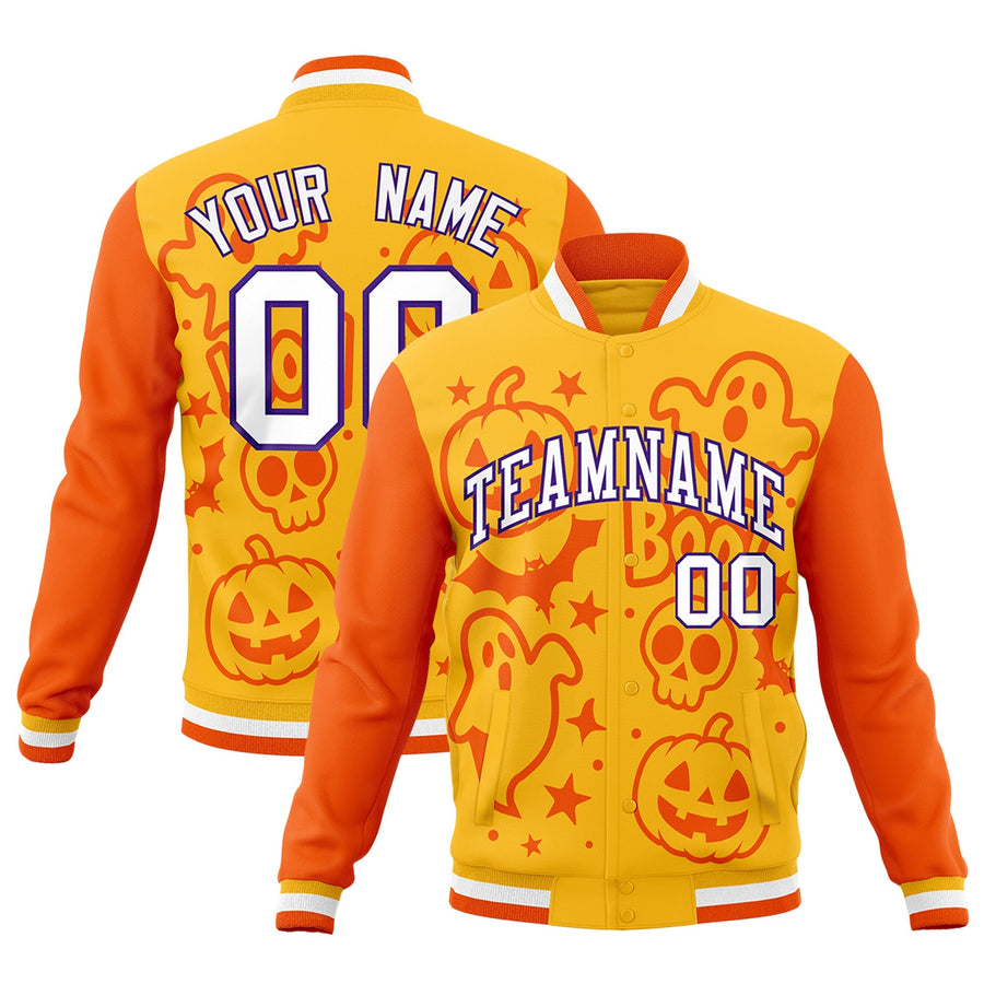 Custom Yellow Orange Gold Bats Pumpkins Ghost Patterns Halloween Letterman Jacket | BuyFootballJersey