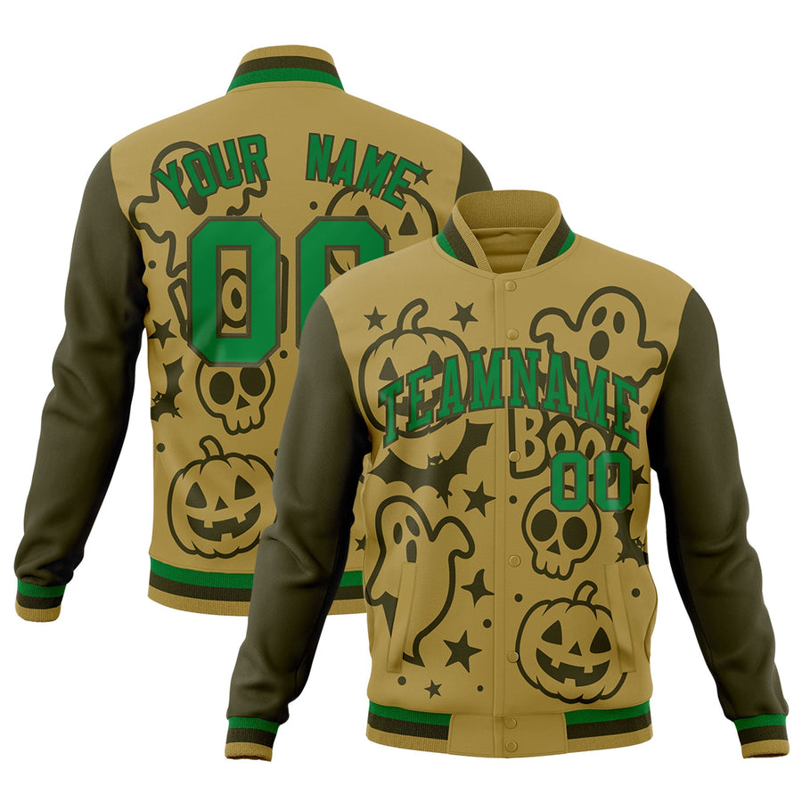 Custom Desert Yellow Kelly Green Olive Bats Pumpkins Ghost Patterns Halloween Letterman Jacket | BuyFootballJersey
