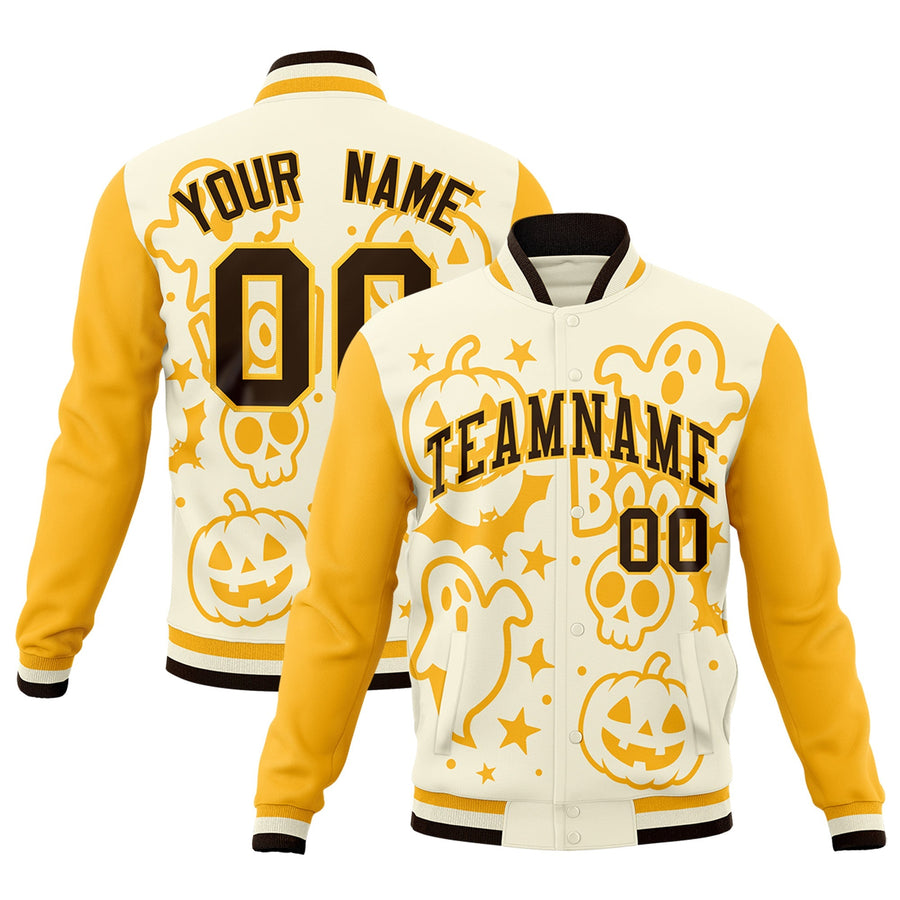 Custom Yellow Cream Gold Bats Pumpkins Ghost Patterns Halloween Letterman Jacket | BuyFootballJersey