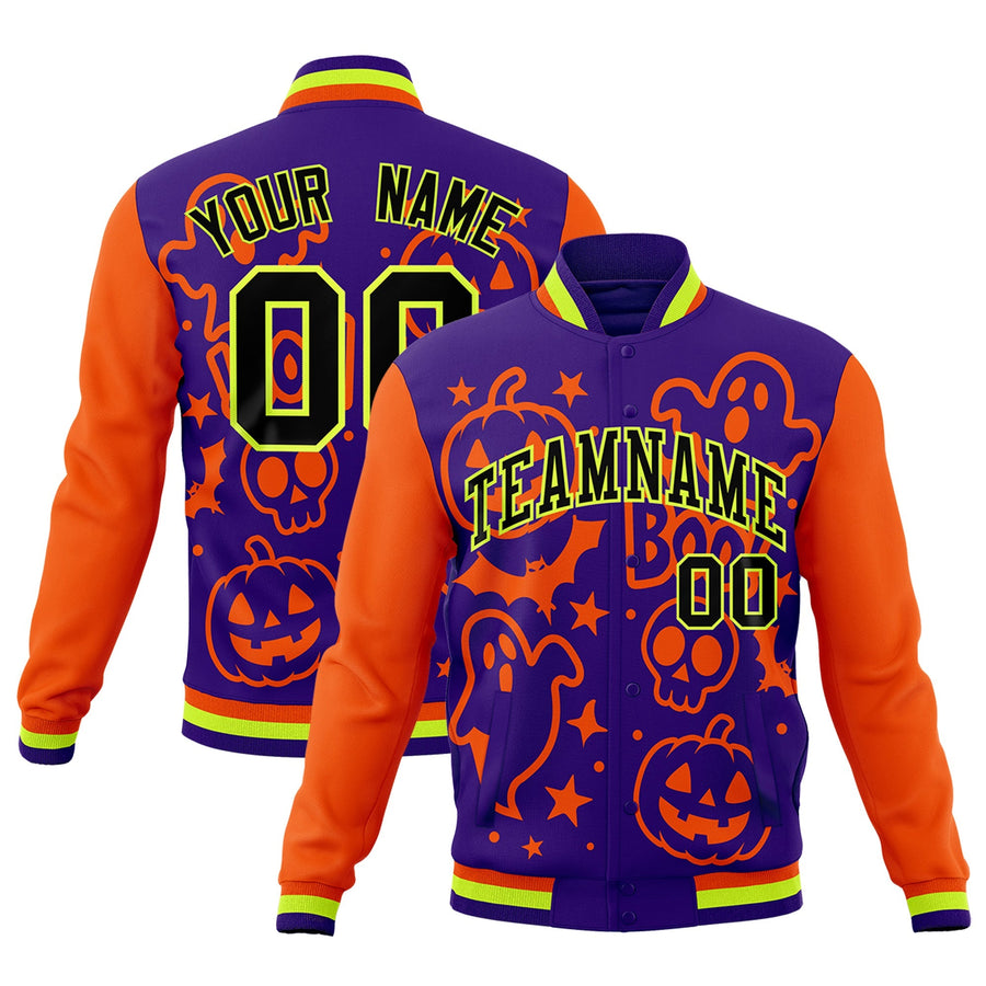 Custom Orange Purple Neon Green Bats Pumpkins Ghost Patterns Halloween Letterman Jacket | BuyFootballJersey