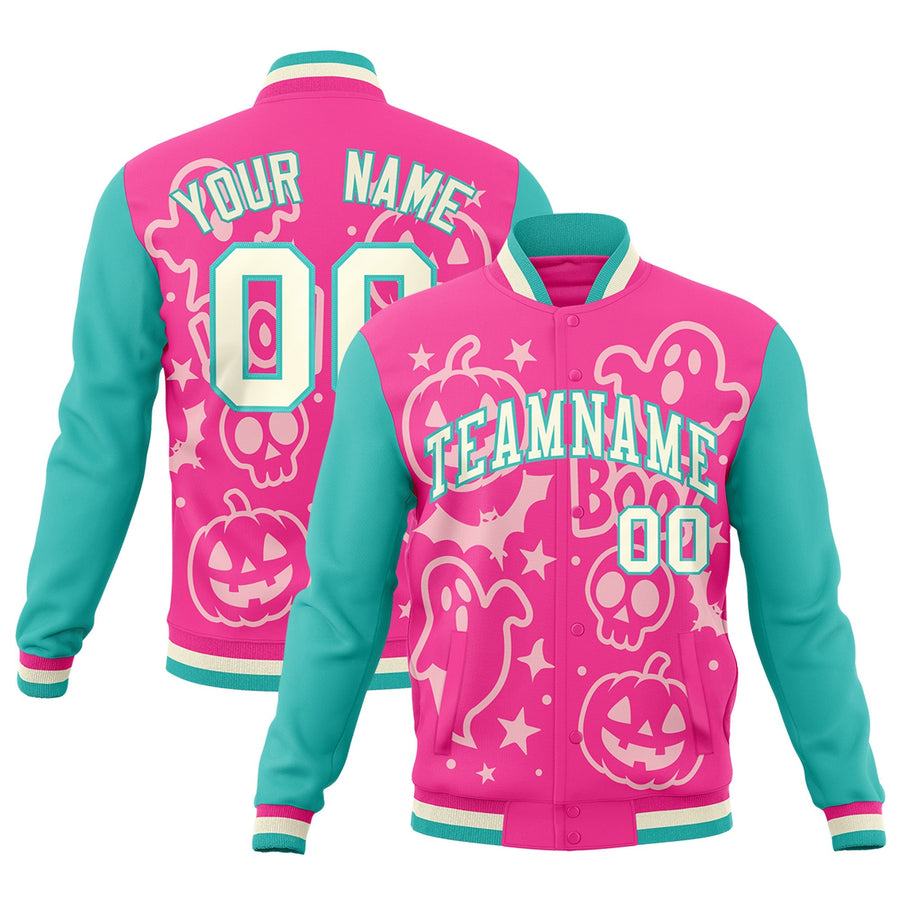 Custom Pink Bright Green Cream Bats Pumpkins Ghost Patterns Halloween Letterman Jacket | BuyFootballJersey