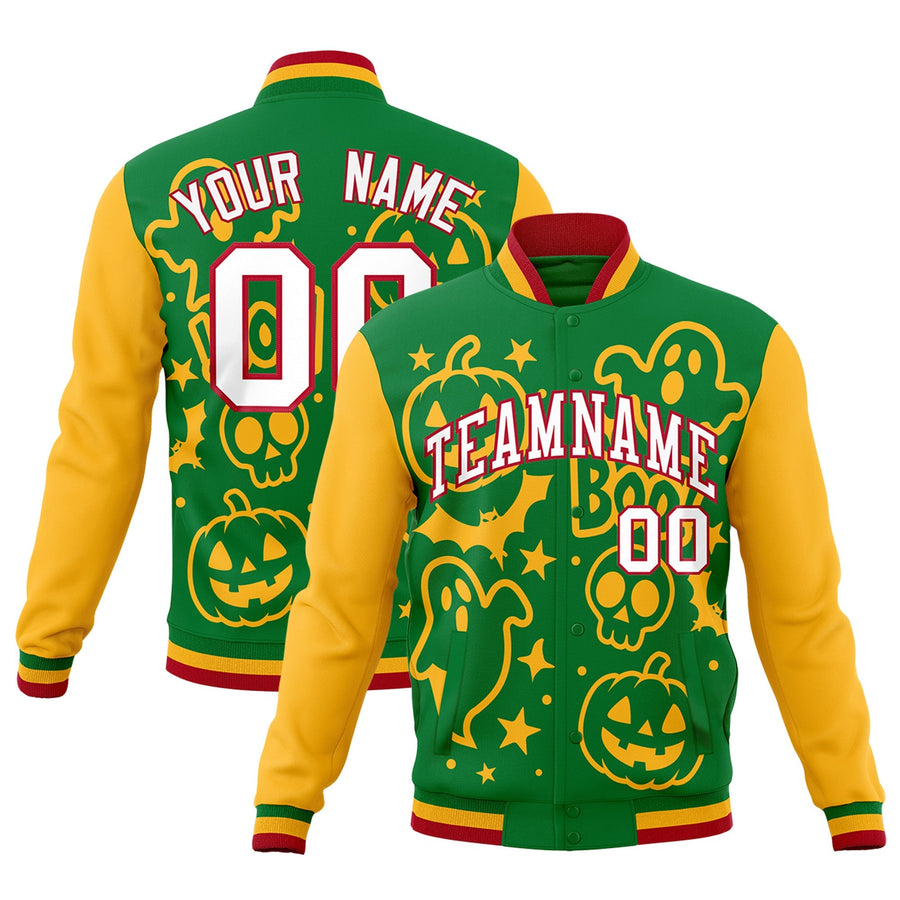 Custom Kelly Green Gold Red Bats Pumpkins Ghost Patterns Halloween Letterman Jacket | BuyFootballJersey