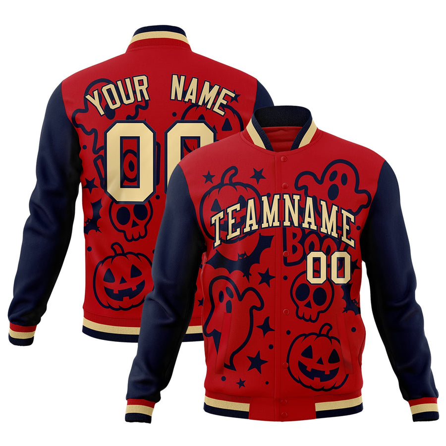Custom Red Navy Khaki Bats Pumpkins Ghost Patterns Halloween Letterman Jacket | BuyFootballJersey