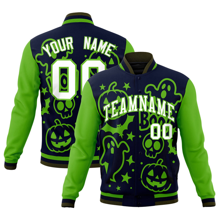 Custom Green Navy Olive Bats Pumpkins Ghost Patterns Halloween Letterman Jacket | BuyFootballJersey