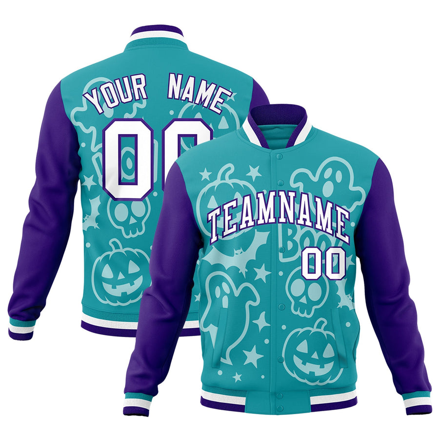 Custom Aqua Purple White Bats Pumpkins Ghost Patterns Halloween Letterman Jacket | BuyFootballJersey
