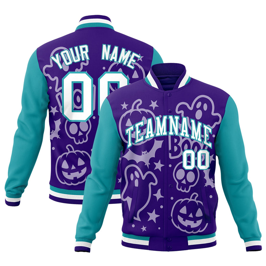 Custom Purple Aqua White Bats Pumpkins Ghost Patterns Halloween Letterman Jacket | BuyFootballJersey