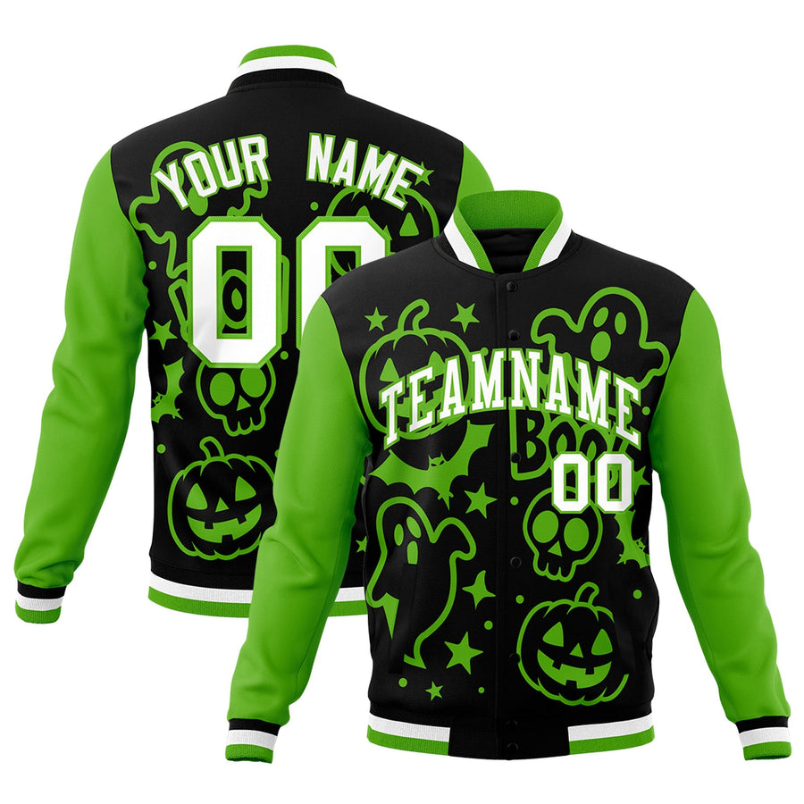 Custom Black Green White Bats Pumpkins Ghost Patterns Halloween Letterman Jacket | BuyFootballJersey