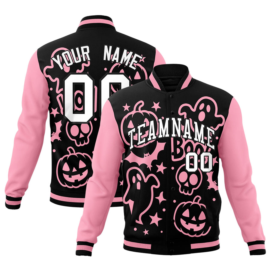 Custom Light Pink Black White Bats Pumpkins Ghost Patterns Halloween Letterman Jacket | BuyFootballJersey