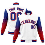 Custom White Royal Blue Red Full-Snap Varsity Raglan Sleeves Gradient Letterman Jacket | BuyFootballJersey