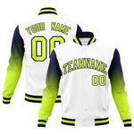 Custom White Neon Green Navy Full-Snap Varsity Raglan Sleeves Gradient Letterman Jacket | BuyFootballJersey