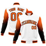Custom White Orange Black Full-Snap Varsity Raglan Sleeves Gradient Letterman Jacket | BuyFootballJersey