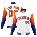 Custom White Orange Royal Blue Full-Snap Varsity Raglan Sleeves Gradient Letterman Jacket | BuyFootballJersey