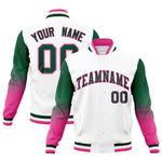 Custom White Green Pink Full-Snap Varsity Raglan Sleeves Gradient Letterman Jacket | BuyFootballJersey