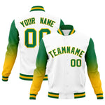 Custom White Kelly Green Gold Full-Snap Varsity Raglan Sleeves Gradient Letterman Jacket | BuyFootballJersey