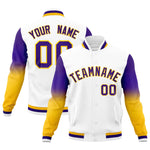 Custom White Purple Gold Full-Snap Varsity Raglan Sleeves Gradient Letterman Jacket | BuyFootballJersey