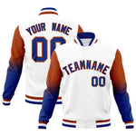 Custom White Royal Blue Dark Orange Full-Snap Varsity Raglan Sleeves Gradient Letterman Jacket | BuyFootballJersey