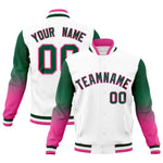 Custom White Green Pink Full-Snap Varsity Raglan Sleeves Gradient Letterman Jacket | BuyFootballJersey