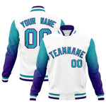 Custom White Aqua Purple Full-Snap Varsity Raglan Sleeves Gradient Letterman Jacket | BuyFootballJersey
