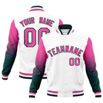 Custom White Pink Midnight Green Full-Snap Varsity Raglan Sleeves Gradient Letterman Jacket | BuyFootballJersey