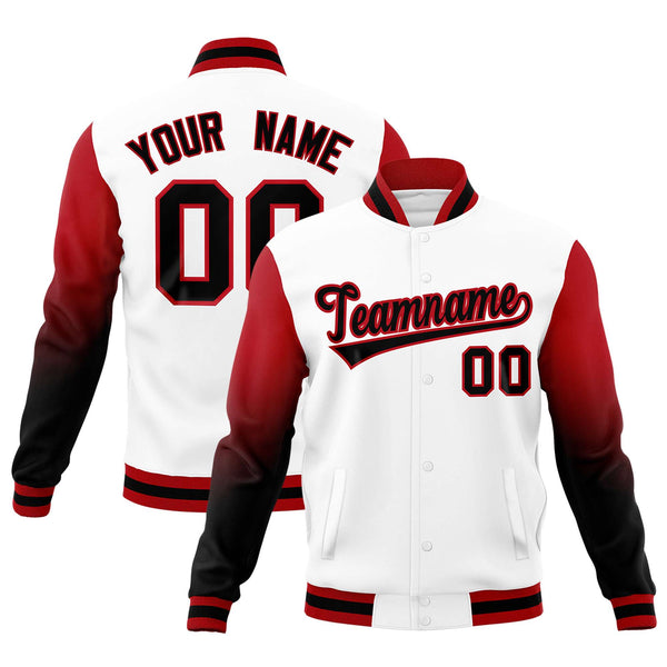 Custom White Black Red Full-Snap Varsity Raglan Sleeves Gradient Letterman Jacket | BuyFootballJersey